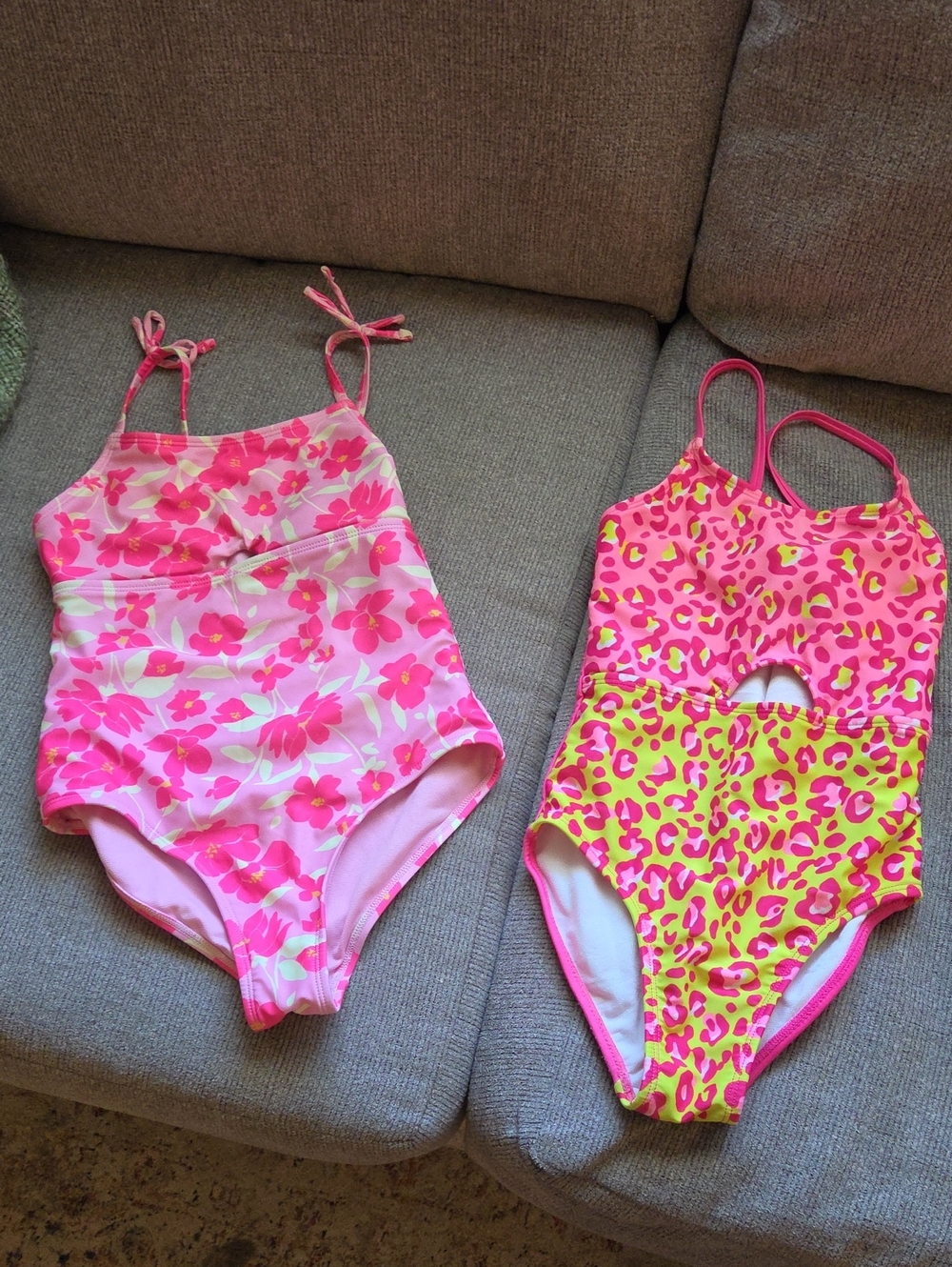 Girls Size 8 Pink Floral and Neon Leopard One-Piece Swimsuits